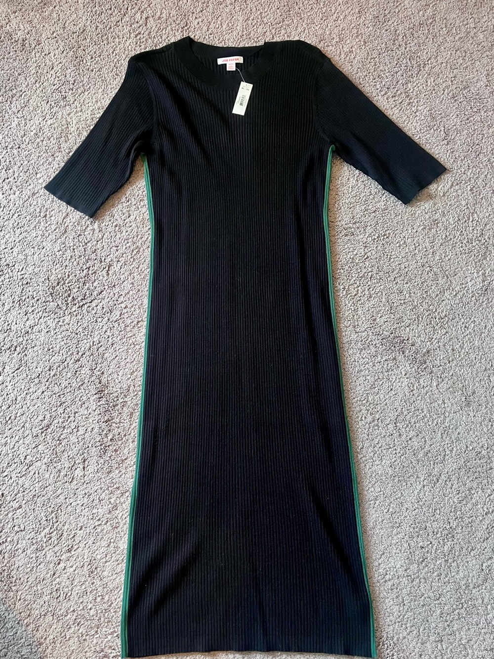 Joe Fresh Black Ribbed Midi Dress with Green Side Stripe - XL